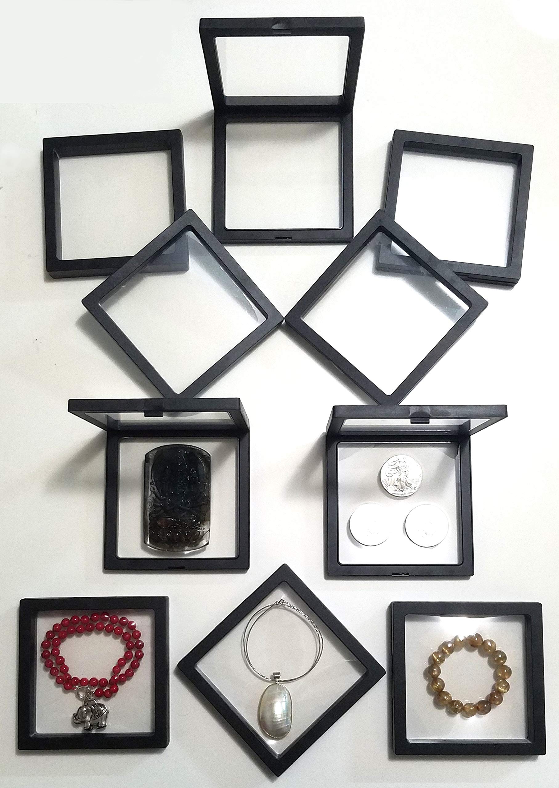 JM Future Black Large Transparent 3D Floating Frame Display Holder/Box/Frames for Challenge Coins, AA Medallions, Antique, Jewelry,Gift, 5.5 x 5.5 x 0.75 Inches (Set of 10 pcs)