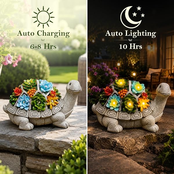 NACOME SOLAR GARDEN OUTDOOR STATUES TURTLE WITH SUCCULENT AND 7 LED LIGHTS – LAWN DECOR STATUE FOR PATIO, BALCONY, YARD ORNAMENT – GIFTS FOR MOM GRANDMA WOMEN
