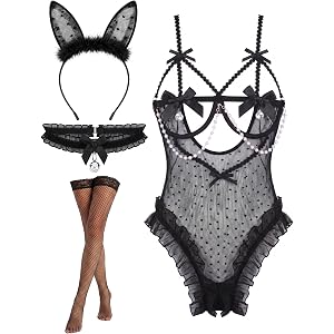 Encanova 4 Pcs Cat Costume for Women | Cat Ears Headband Black Fishnet Stockings Choker Halloween Valentine's Day Night Clubw