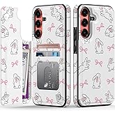 FUNMIKO for Samsung Galaxy S25 Wallet Case with Card Holder, RFID-Blocking, Military-Grade Protection & Floral Animal Design, Magnetic Closure with Leather Kickstand - Adorable Rabbit and Bows