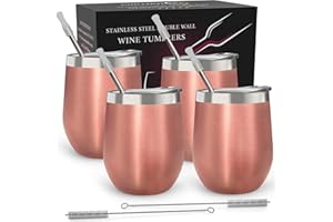 Stainless Steel Wine Tumbler 4 Pack 12 oz - Double Wall Vacuum Insulated Wine Cups with Lids and Straws Set of Four for Coffe