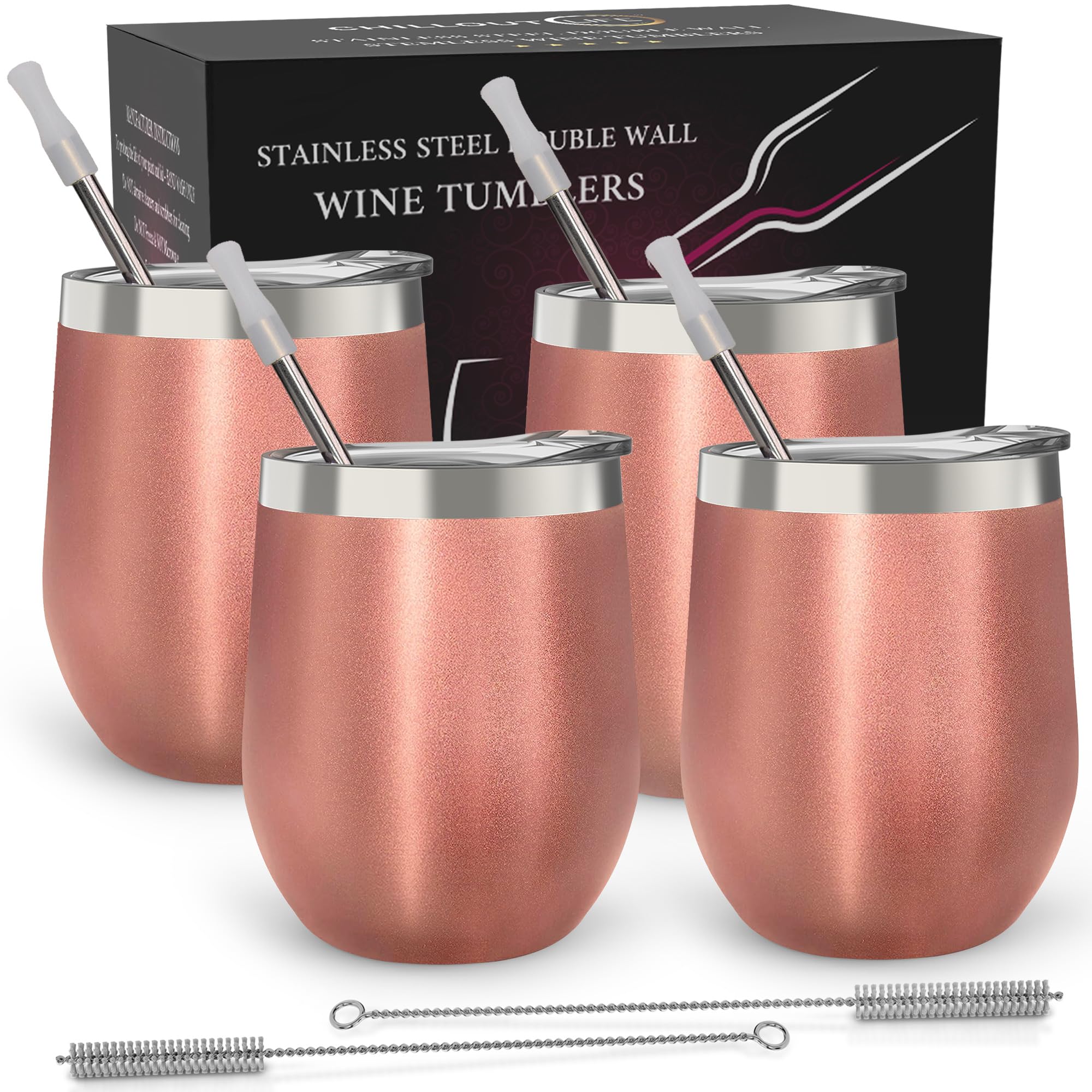 CHILLOUT LIFE Stainless Steel Wine Tumblers 4 Pack 12 oz - Double Wall Vacuum Insulated Wine Cups with Lids and Straws Set for Coffee, Wine, Cocktails - Rose Gold — image 1