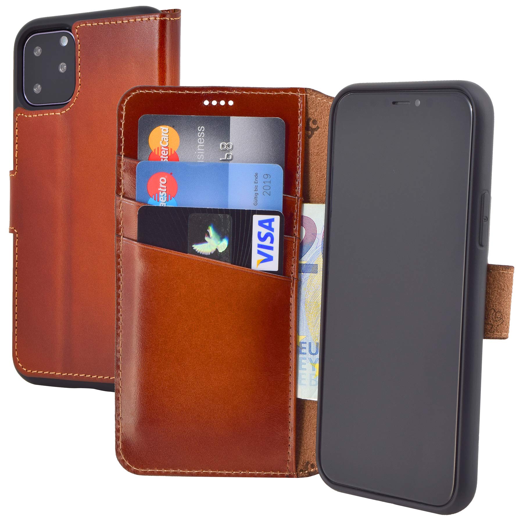 Suncase Book-style case compatible with iPhone 11 Pro Max (6.5 inch) leather case (slim fit) leather mobile phone case protective case with 3 card slots in burned cognac.