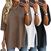 Baggyfly 3 Pack Women's 3/4 Sleeve Waffle Knit Tops Oversized Crewneck T-Shirts Loose Casual Blouses Side Split Tees