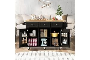 MEETFAV Rollling Kitchen Island Cart with Storage, Moveable Kitchen Island with Drop Leaf, Portable Kitchen Storage Islands & Carts with Drawers and Shelves for Dinning Room, Black