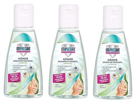 Impresan Hände Desinfektions-Gel mit Aloe-Vera: Hygienische Händedesinfektion für unterwegs - antibakteriell - 3 x 55ml