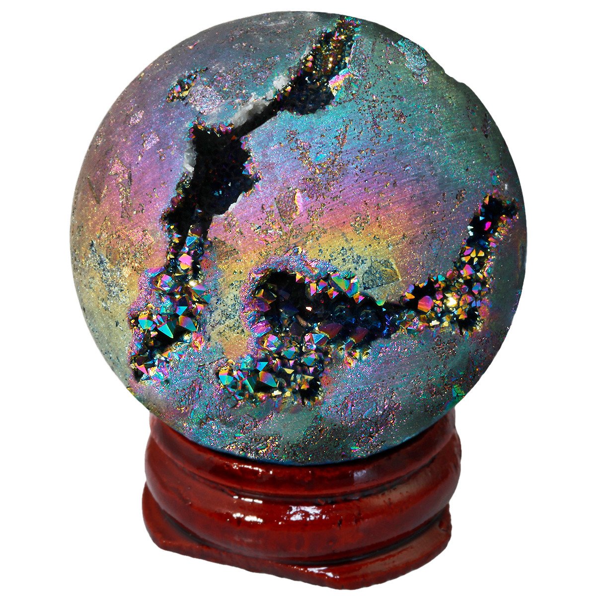Shanxing 40mm Titanium Coated Natural Agate Geode Crystal Sphere Ball Specimen with Wooden Stand, Rainbow Druzy Quartz Stone Sphere Gift Ornament for Room Office Decor Good Luck Chakra Meditation