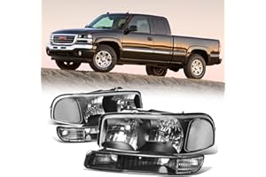 Cxdar Headlight Assembly Compatible with 99-07 GMC SIERRA 1500 2500 1500HD 2500HD 3500HD/ 1999-2006 YUKON 1500 2500/2001 SIERRA C3, Black Housing 4PCS