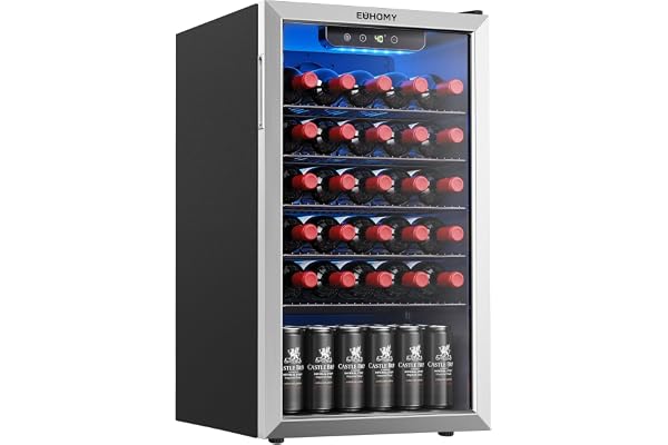 EUHOMY Wine Cooler, 128 Can Wine Fridge with Glass Door for Soda Beer or Wine, Mini Fridge for Home, Office, Bar with Removable Shelves, Silver
