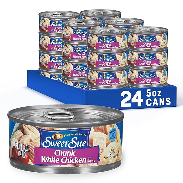 SWEET SUE CANNED CHICKEN BREAST WITH RIB MEAT IN WATER – 11G PROTEIN PER SERVING – GLUTEN FREE, KETO FRIENDLY – WHITE CHICKEN CHUNKS GREAT FOR SNACK, LUNCH OR DINNER RECIPES – 5 OZ (PACK OF 24)