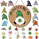 FairySandy 29 Pcs Interchangeable Wooden Gnome Decor Holiday Seasonal Gnome Decorations with Magnet Pieces and Detachable Hats Changeable Welcome Sign(Classic Wood Color)