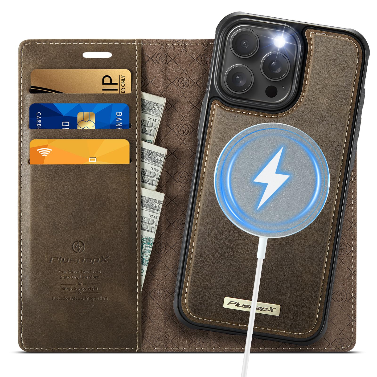 Photo 1 of PlusnapX Wallet Case for iPhone 13 Pro Max Compatible with Magsafe, 2-in-1 PU Leather Flip RFID Blocking Card Holder Stand Shockproof Magnetic Detachable Cover for iPhone 13 Pro Max Case 6.7", Brown