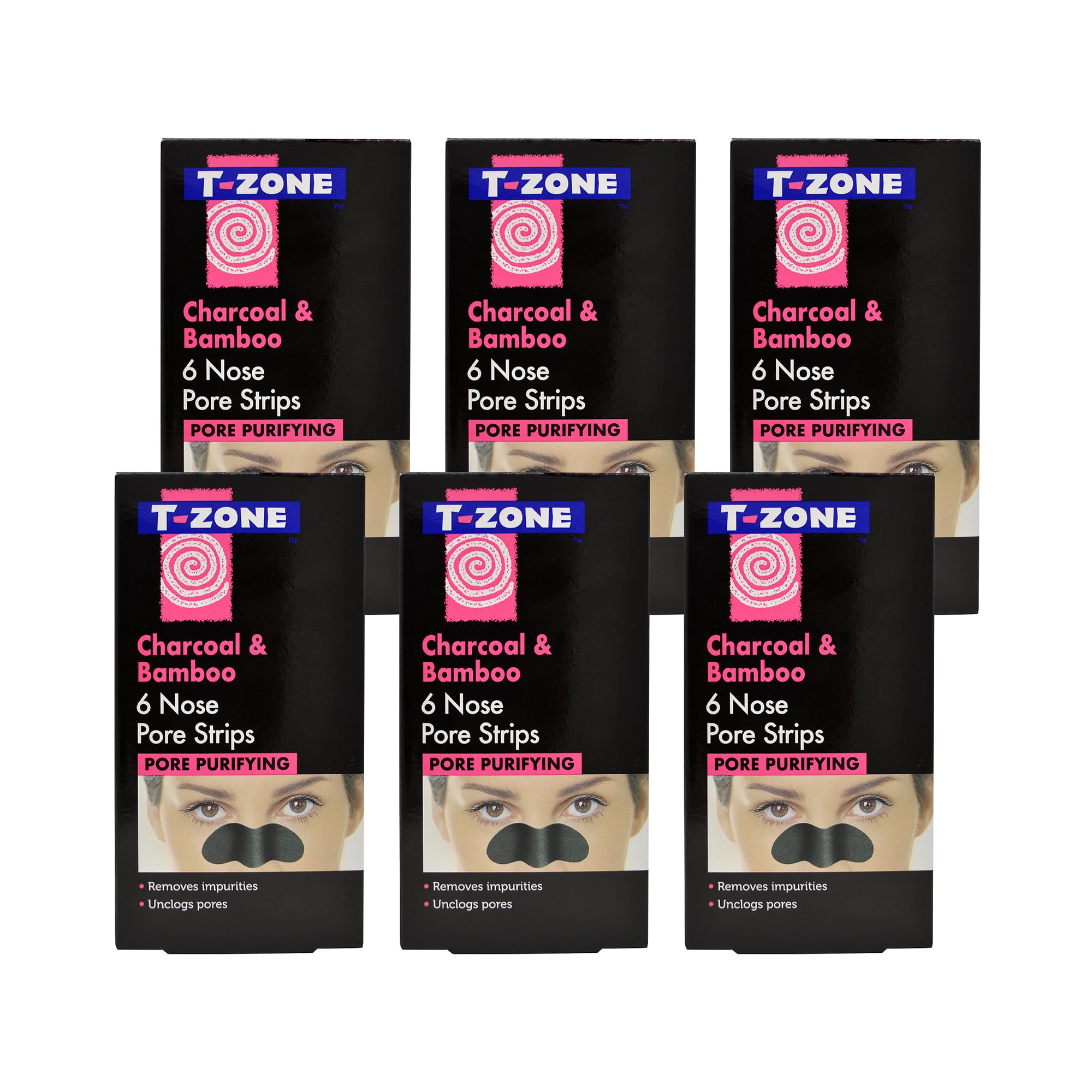 T-Zone 6 x 6 Multipack of Pack Charcoal & Bamboo Purifying Nose Pore Strips, Specially Formulated to Unclog Pores & Remove Impurities For Brighter, Clearer Skin
