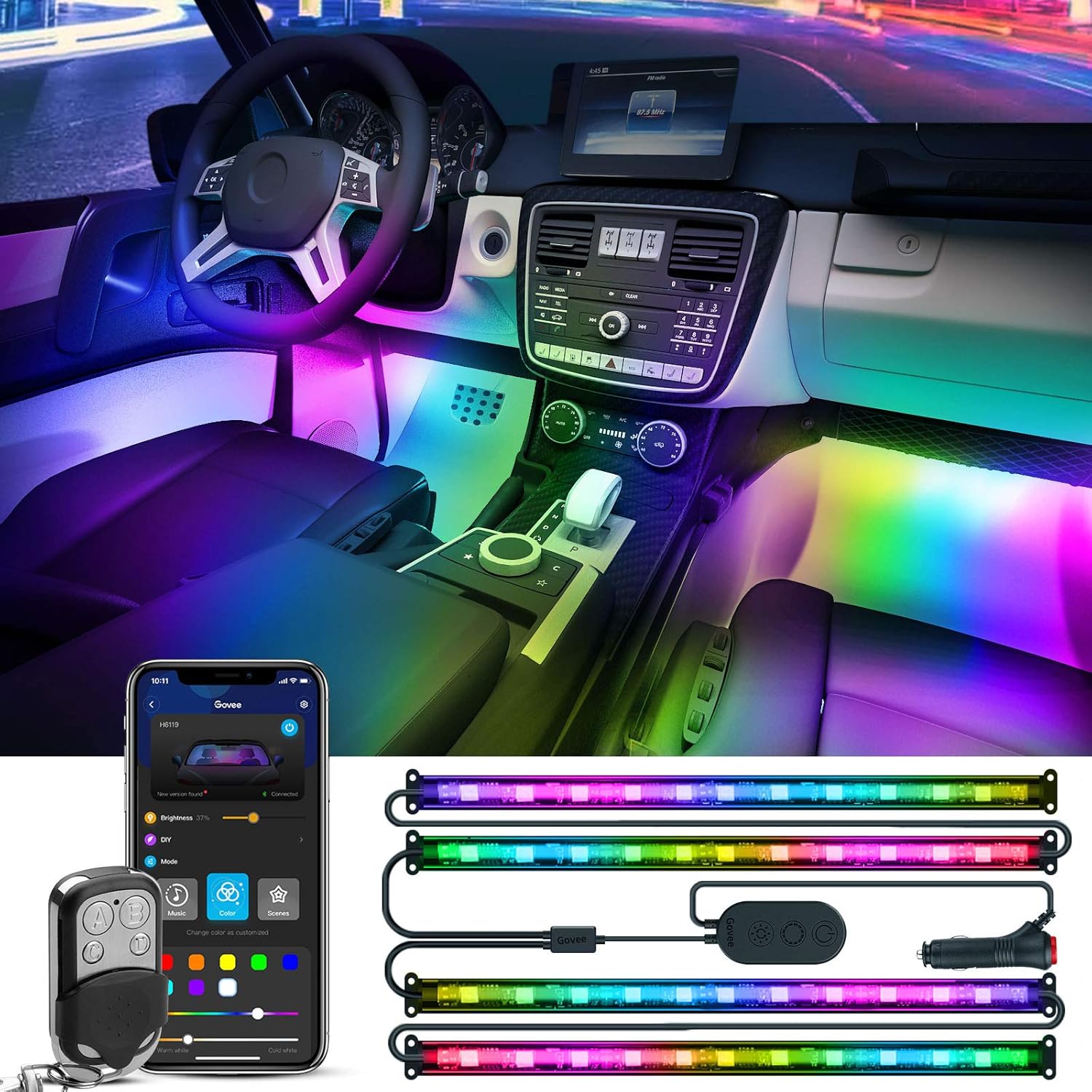 Govee Dreamcolor Interior Car Lights, Car LED Lights with APP and IR Remote, Upgraded 2-in-1 Design 4PCS 72 LED RGBIC DIY Color LED Lighting Kits Sync to Music with Super Length Wires for Various Car: Automotive
