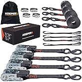 Keeper Ratchet Tie Down Straps Kit, 4 Pack - 1in. x 15ft. Heavy Duty Cargo Straps for Motorcycle, ATV, UTV & Moving – 1800 lb Break Strength - Includes 4 Soft Loops, 4 Hook & Loop Straps & Storage Bag