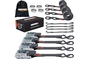 Keeper Ratchet Tie Down Straps Kit, 4 Pack - 1in. x 15ft. Heavy Duty Cargo Straps for Motorcycle, ATV, UTV & Moving – 1800 lb Break Strength - Includes 4 Soft Loops, 4 Hook & Loop Straps & Storage Bag