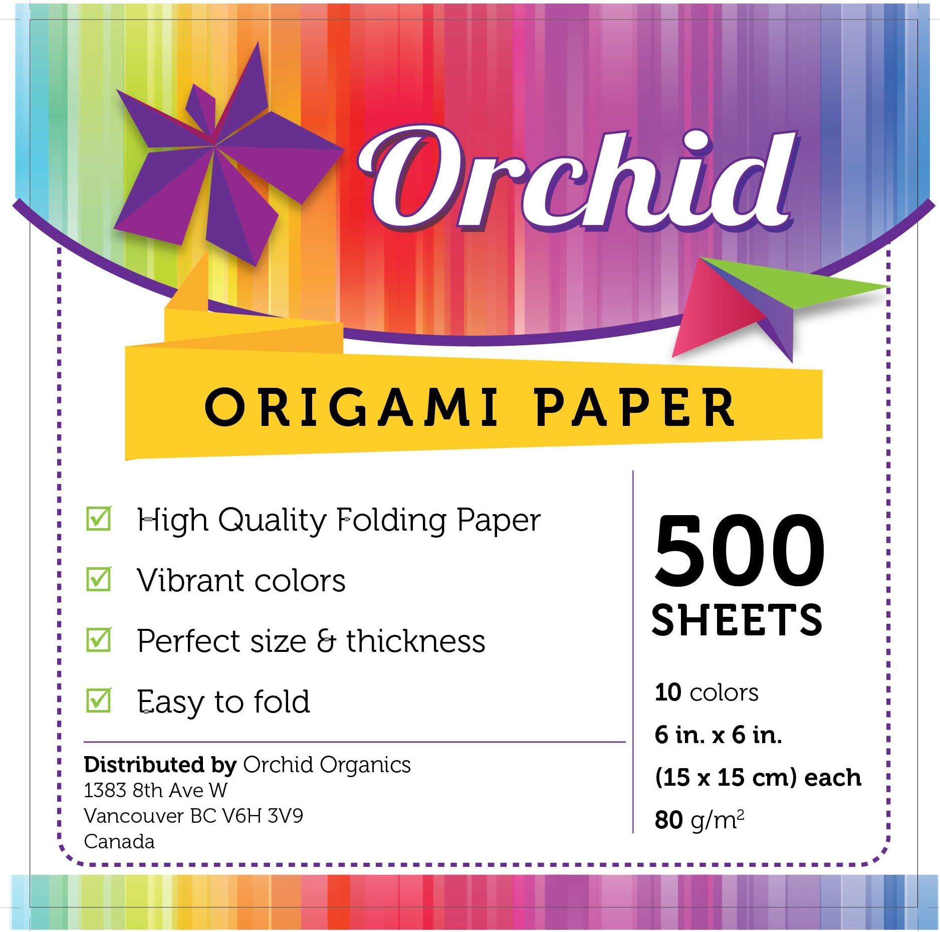 Orchid Origami Paper; Folding Sheets; 500 Sheets Per Pack; 6-inch by 6-inch, 10 Beautiful Colors, Origami Paper, 80 GSM; FREE Origami eBook