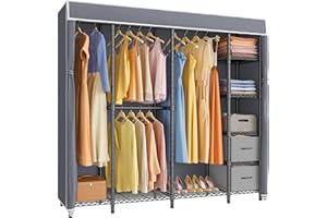 VIPEK V40S i1 Bedroom Armoires Covered Clothing Rack for Hanging Clothes Heavy Duty Large Wardrobe with Adjustable Wire Shelf and Drawer, Freestanding Closet Organizer, Black Rack with Grey Cover