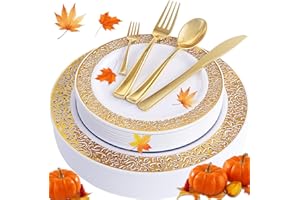 WDF 150PCS Gold Thanksgiving Plastic Plates Set Fall Plastic Plates 25Guests Gold Disposable Dinnerware Sets for Thanksgiving
