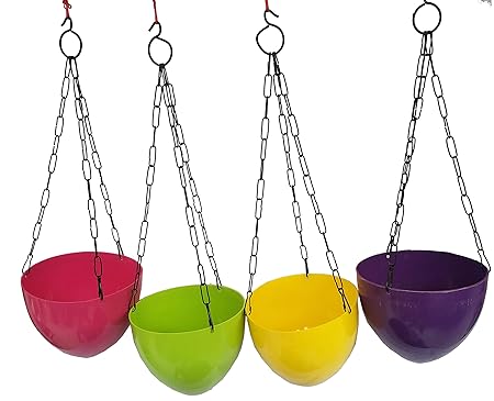 A2M Multicolor 7 Inch Nest Plastic Flower Hanging Pot with Hook Chain for Home Gardener/Garden Balcony/Kitchen Garden Set of 4 with Drainage for All House Plants (Multicolor, Pack of 4) - Nest Pot
