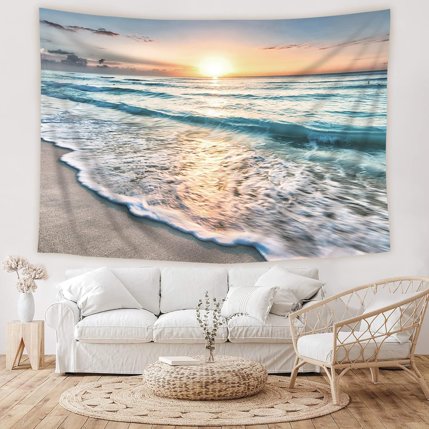 Tapestries - Riyidecor Beach Ocean Sunset Sunrise Coastal Paradise Tapestry for Bedroom Extra Large Wall Decor 71Hx91W Inch Summer Hawaiian Sea Wave Seaside Sunbeam Seashore Skyline Wall Hanging Dorm Living Room