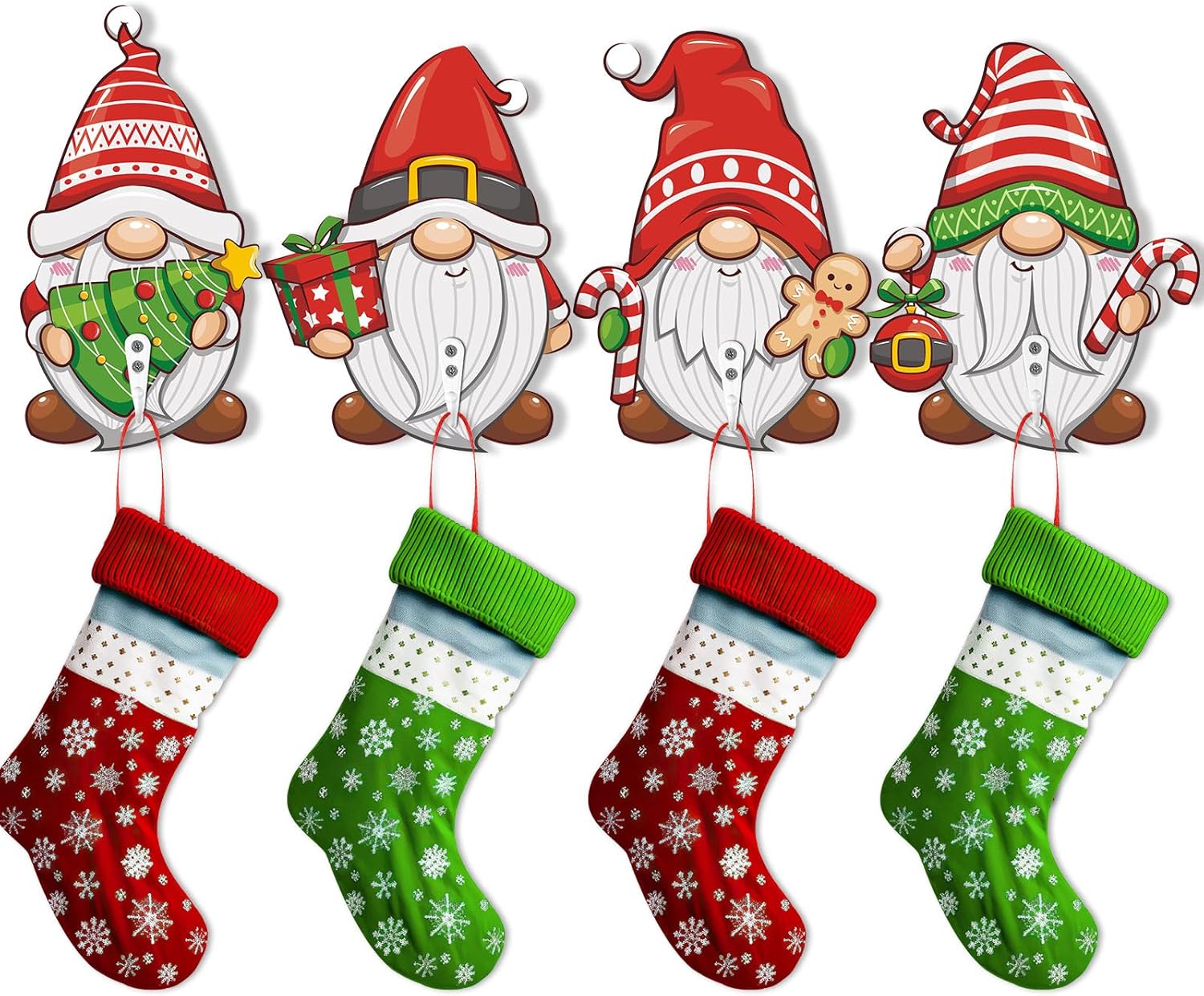 Ornament Hooks - Huwena 4 Pcs Christmas Stocking Holder Set Wooden Gnome Shaped Ornament Stocking Hooks Decorative Wall Hook Stocking Rack Hangers for Christmas Party Decorations