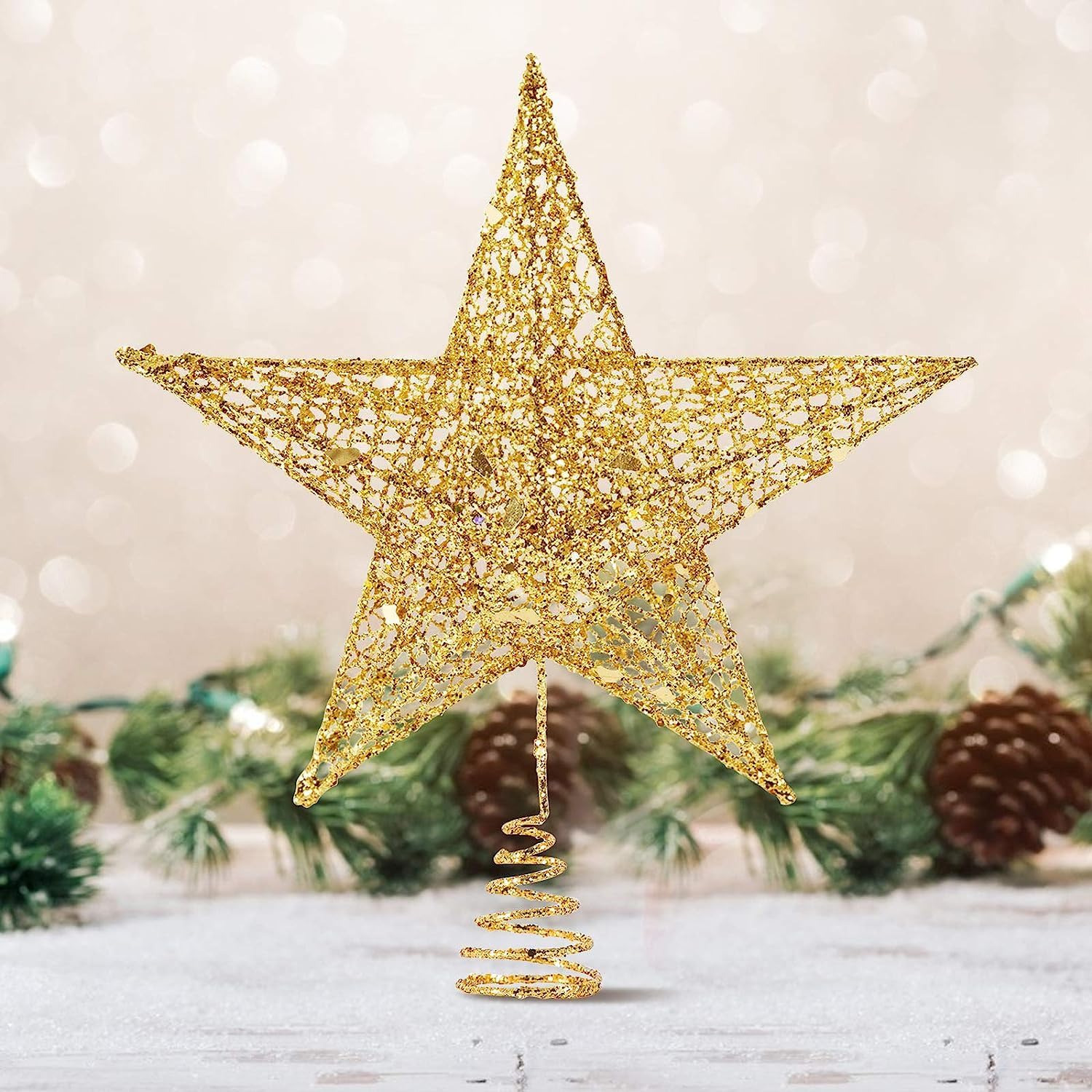 Tree Toppers - Glittered Christmas Tree Topper, 8 Inches Gold Glitter Christmas Tree Ornaments Metal Hollow Star for Christmas Tree Home Decoration