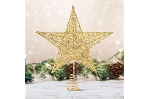 HOSLIPOPER Christmas Tree Topper, 10 Inches Gold Glitter Christmas Tree Ornaments Metal Hollow Star for Christmas Tree Home Decoration