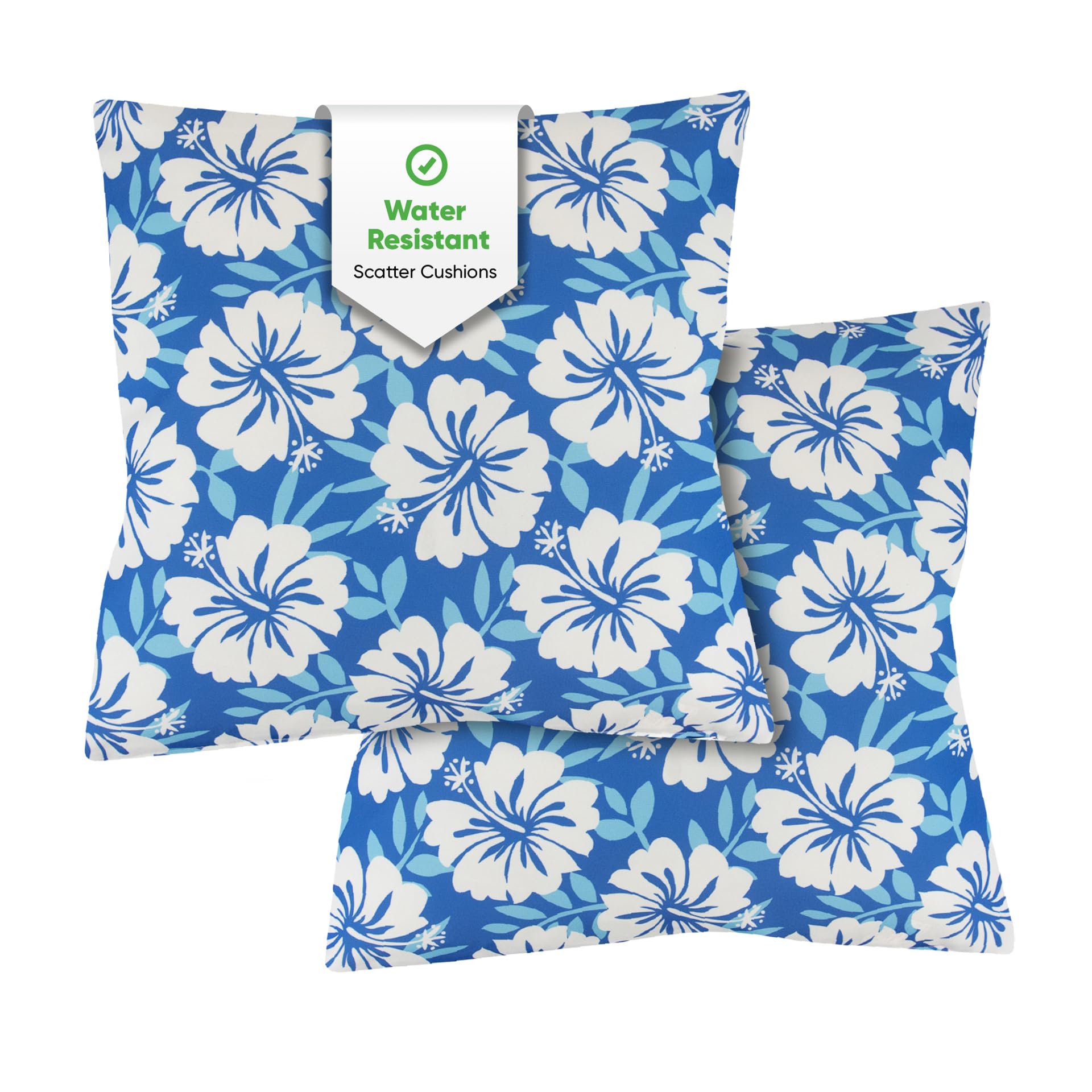 Gardenwize Outdoor Scatter Cushions Pair 45x45cm Weather Resistant Machine Washable, Durable Polyester Pre-Shrunk Blue Hawaiian Print Sofa Cushions for Garden Patio Caravan