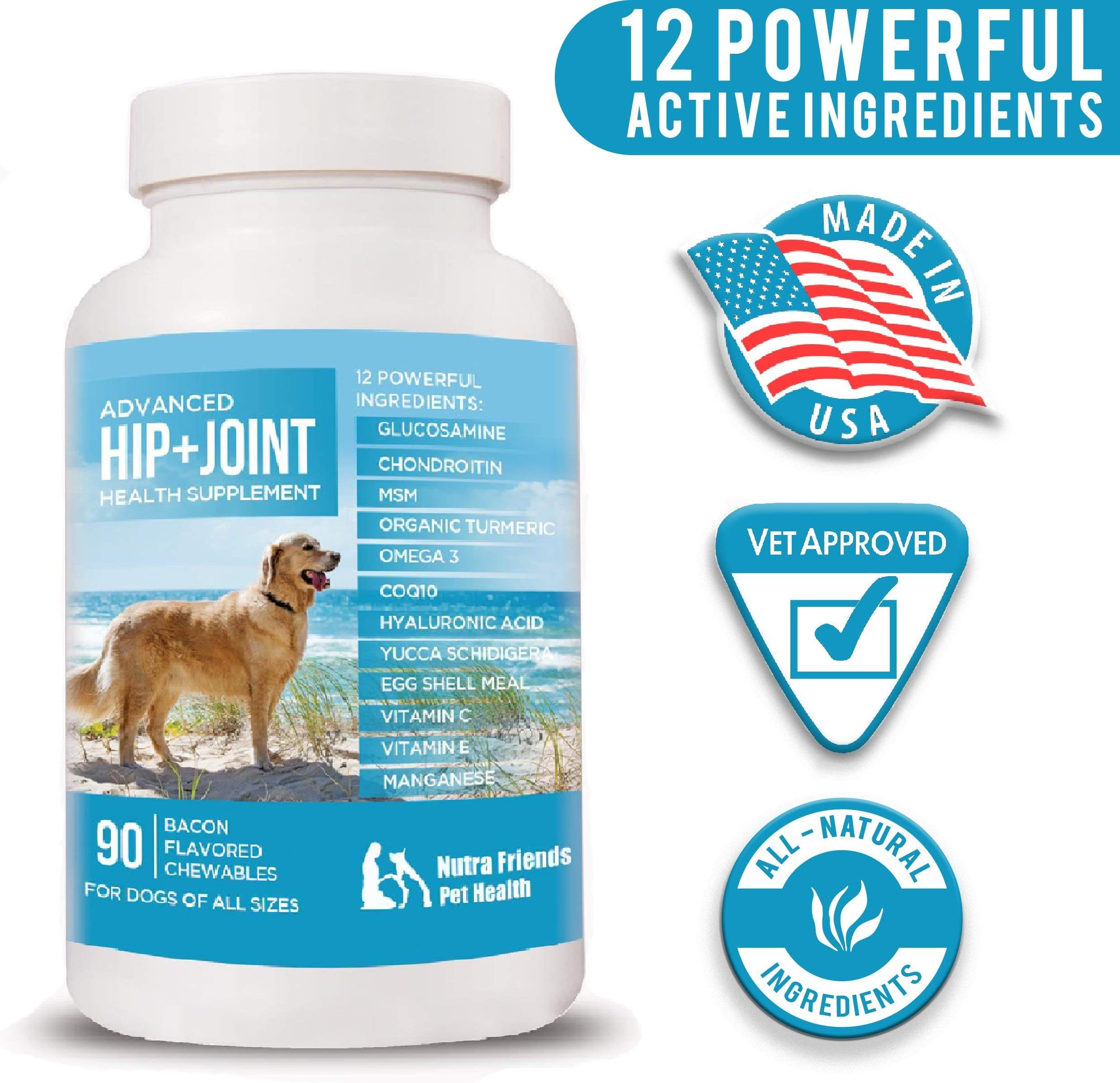 Hip and Joint Supplement for Dogs with the Most Active Ingredients on the Market: Glucosamine, MSM, Chondroitin, Organic Turmeric, Omega 3, CoQ10 and More - 90 Chews - Made in USA
