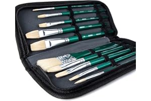 ARTIFY ART SUPPLIES ARTIFY 10 Pieces Paint Brush Set, Intermediate Series, Includes a Carrying Case, Premium Hog Bristle Brushes for Acrylic and Oil Painting (Green - Hog Bristle)