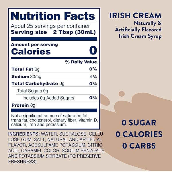 JORDAN’S SKINNY SYRUPS SUGAR FREE COFFEE SYRUP, IRISH CREAM FLAVOR DRINK MIX, ZERO CALORIE FLAVORING FOR LATTES, PROTEIN SHAKE, FOOD & MORE, GLUTEN FREE, KETO FRIENDLY, 25.4 FL OZ, 1 PACK