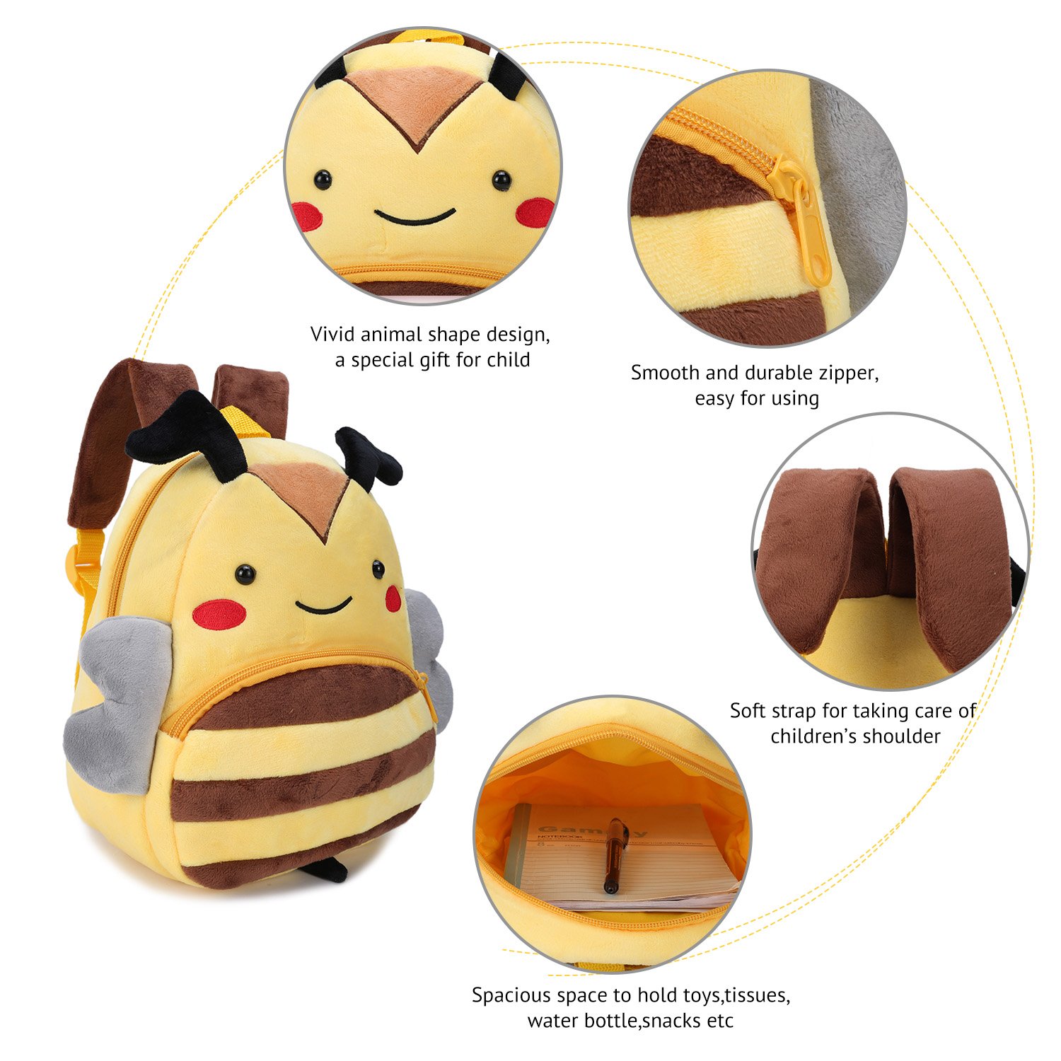 Cute Small Toddler Backpack for Girl Boy Kids Plush 3D Animal Cartoon Mini Preschool Bag for Children Age 1-5 Years Old (Yellow Bee)