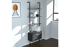 kevinplus Modern Wall Mounted Ladder Shelf, Ladder Bookshelf Bookcase with Drawers, Industrial Metal Wooden Shelf, 4 Tier Open Display Ladder Shelves for Living Room Office Bedroom, Black Grey