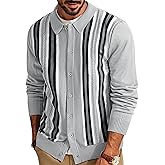 PJ PAUL JONES Mens Vintage Striped Knit Polo Shirt Long Sleeve Button Down Cardigan Sweater