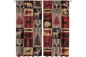 Kazynee Vintage Check Black Bear Blackout Curtains - Rustic Country Farmhouse Cabin Elk Tree Plaid Rod Pocket Window Treatment Set Energy Saving Thermal Insulated Drapes,2 Panels 45L x 21W