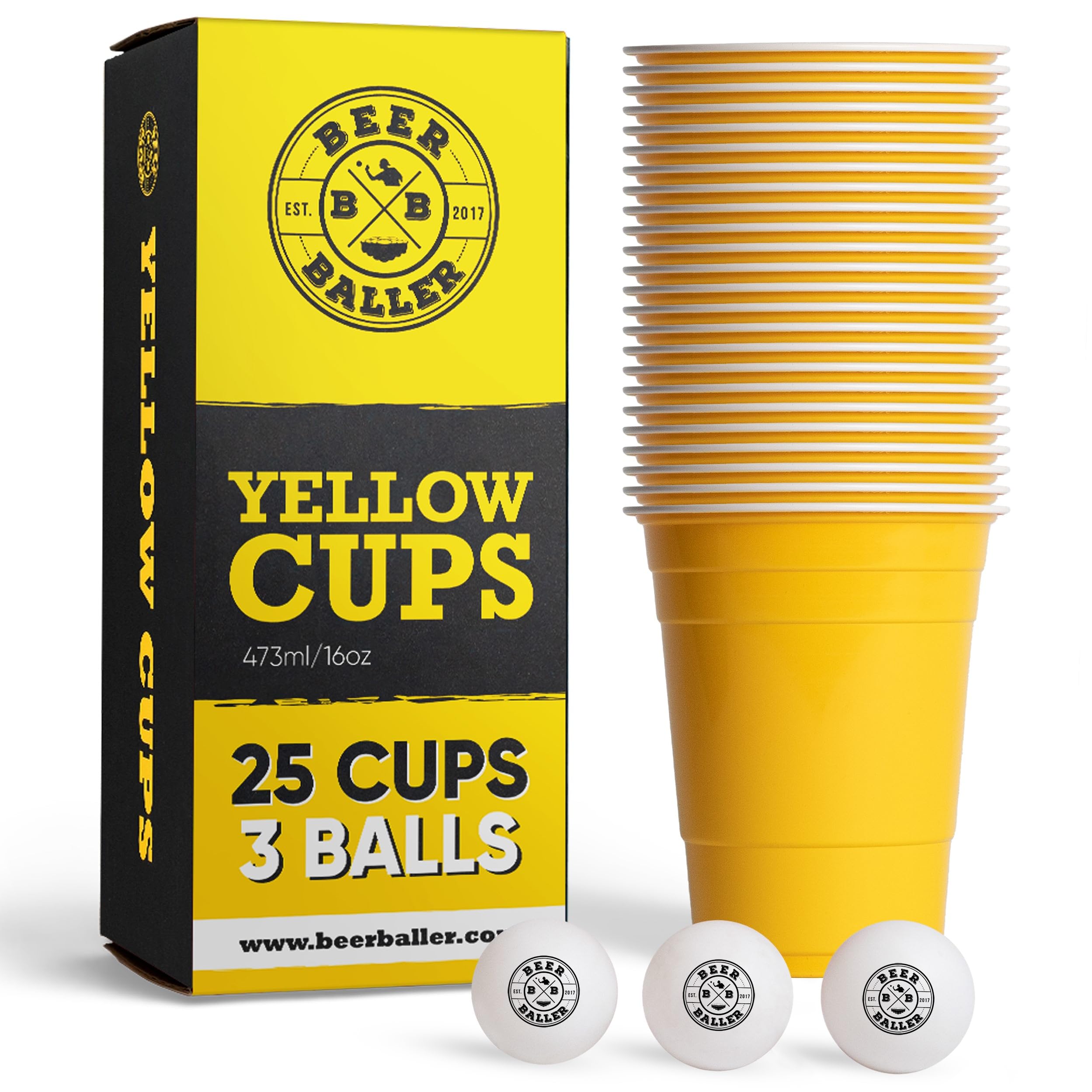 BeerBaller® Yellow Cups - 25 yellow Beer Pong cups & 3 beer pong balls | dishwasher safe & reusable | 473ml - 16oz party cups | beer pong cups set | Original American Beerpong cups — image 1