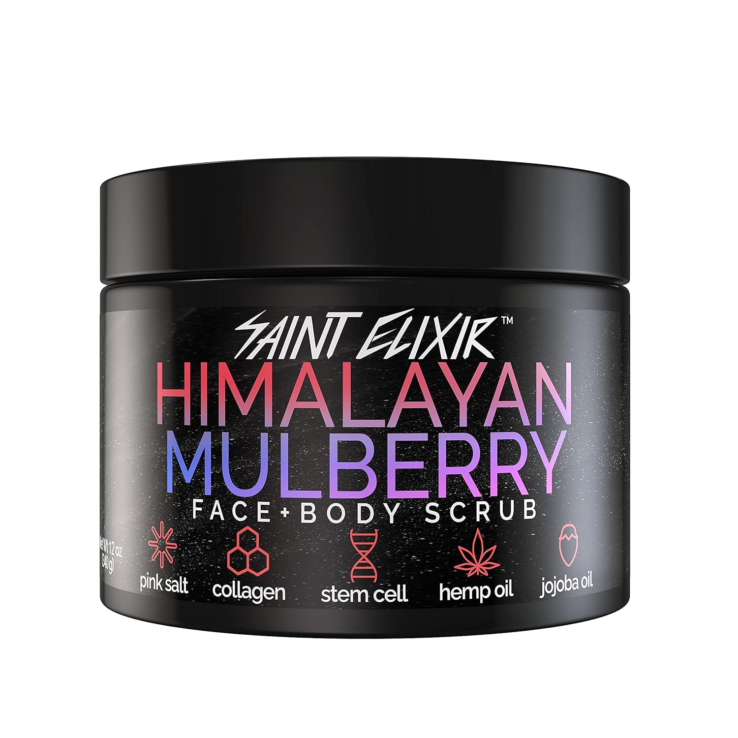 SAINT ELIXIR Himalayan Mulberry Salt Scrub with Collagen, Apple Stem Cell, Hemp Seed Oil, Jojoba Oil for Face and Body Natural Hydrating Detoxifying Exfoliator Cleansing Gender Neutral Acne Blackheads Dark Spots Wrinkles Pore Size 12 oz