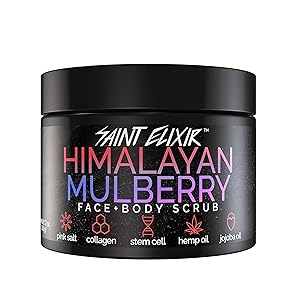 SAINT ELIXIR Himalayan Mulberry Salt Scrub with Collagen, Apple Stem Cell, Hemp Seed Oil, Jojoba Oil for Face and Body Natural Hydrating Detoxifying Exfoliator Cleansing Gender Neutral Acne Blackheads Dark Spots Wrinkles Pore Size 12 oz