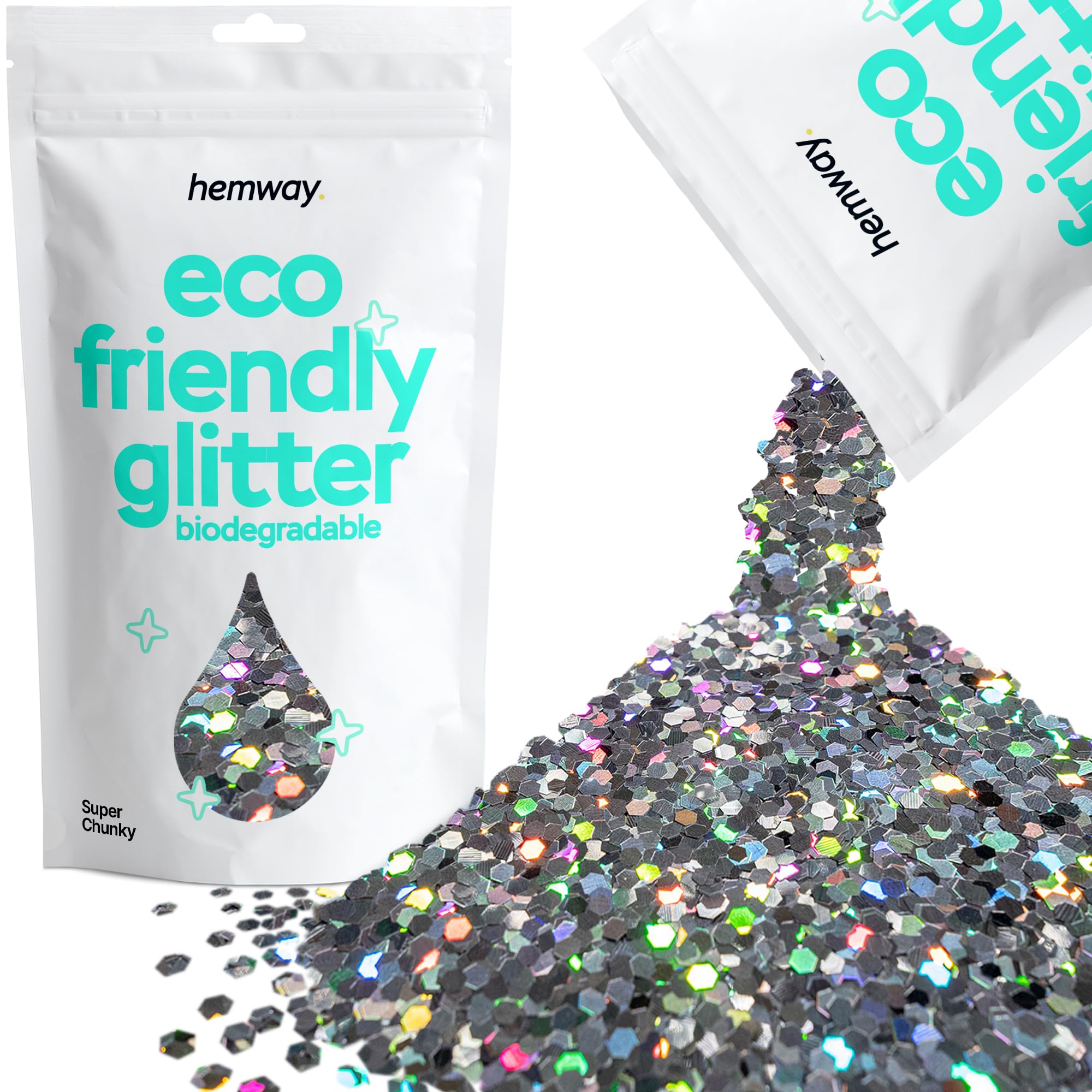 Eco Friendly Biodegradable Glitter | Gun Metal Grey Holographic - Super Chunky 100g, Plant Based, Biodegradable Glitter for Craft, Face, Hair, Nail, Body and Festival - Hemway