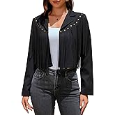 UpFind Women's Fringe Faux Suede Leather Jackets Fashion Fall Western Tassel Motorcycle Cropped Open Front Coats with Rivets