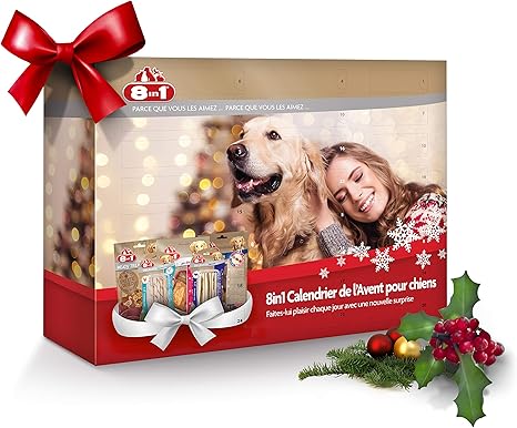 8in1 Calendrier De Lavent Pour Chiens Cadeau De Noël Parfait Pour Votre Chien Assortiment De 8 Délicieuses Friandises Bâtonnets Torsadées