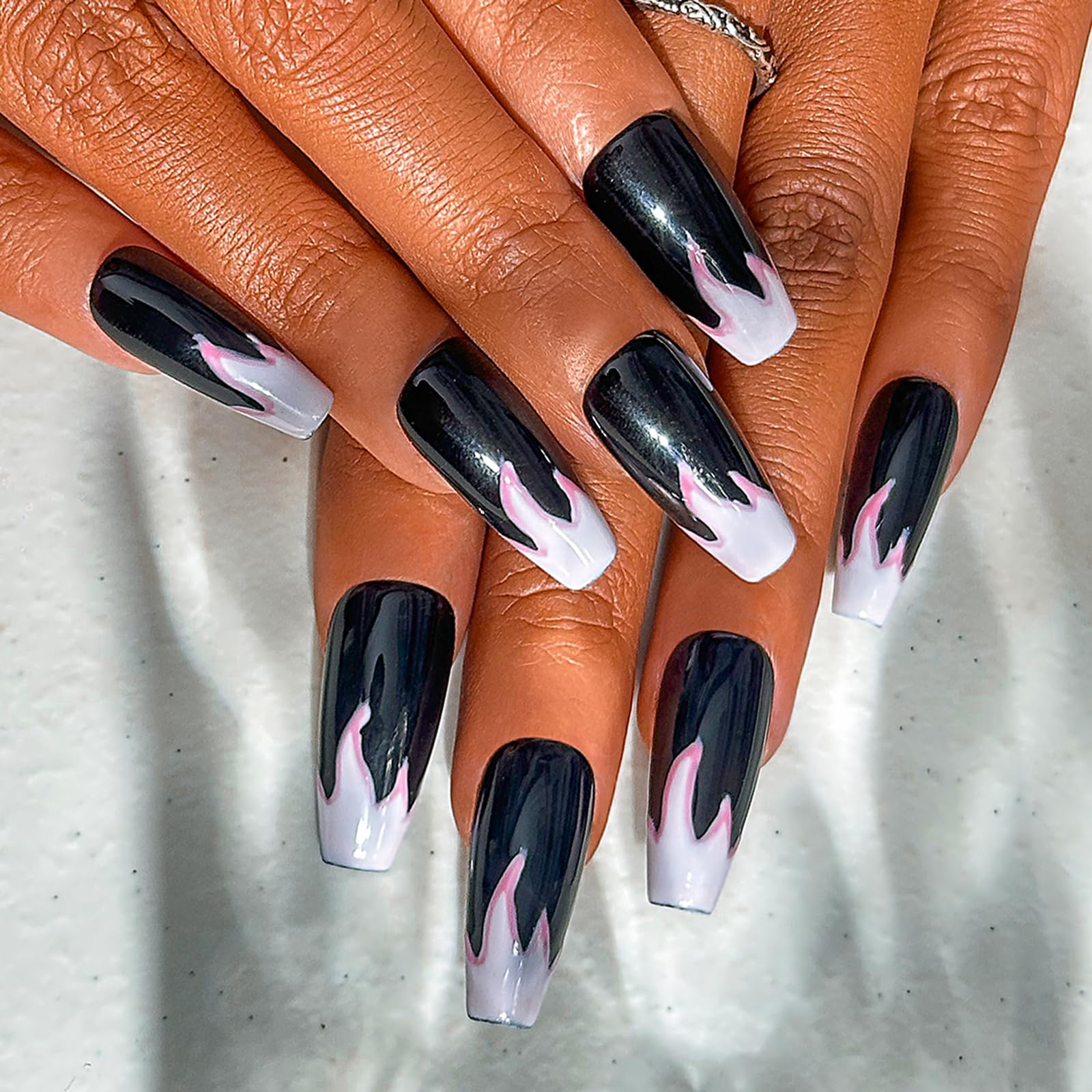 Sethexy French Long Coffin False Nails Handmade Black Glossy Acrylic Fake Nails Hand-painted Fire Press On Nails Pink Flame Salon Quality Nail Removable for Women and Girls(W)