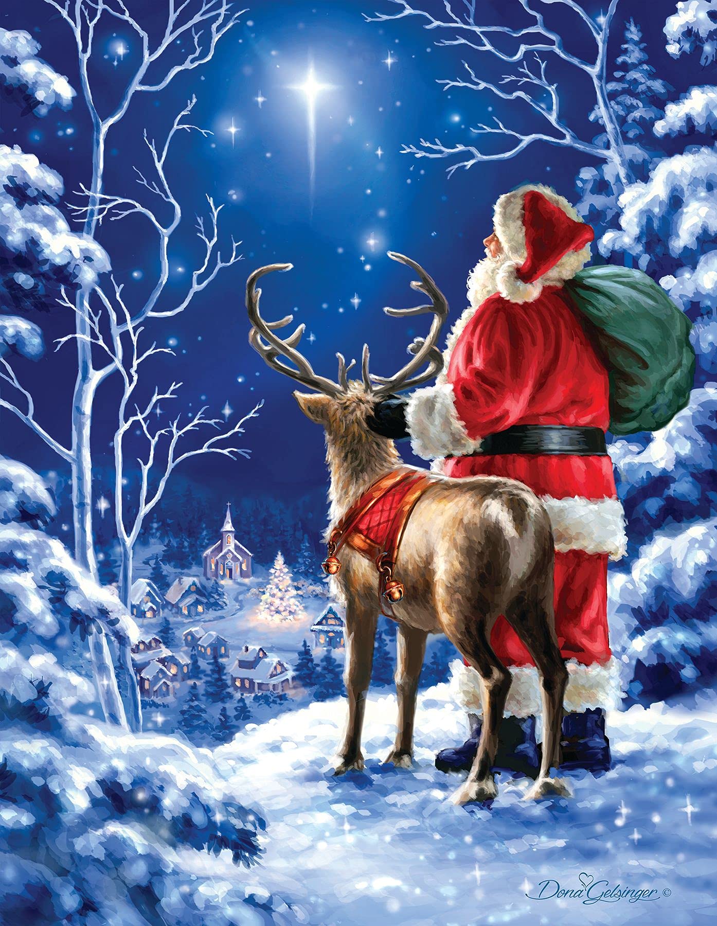Springbok Starry Night 500 piece Jigsaw Puzzle for Adults features Santa Clause and his reindeer gazing upon the north star on a perfect snowcovered evening