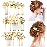 3PCS Leaf Hair Side Combs, Gold Rhinestone Hair Comb, Hair Side Comb Clips, Hair Accessories for Women, Girls, Bride, Bridesmaid