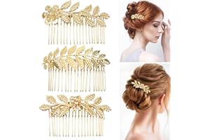 3PCS Leaf Hair Side Combs, Gold Rhinestone Hair Comb, Hair Side Comb Clips, Hair Accessories for Women, Girls, Bride, Bridesm