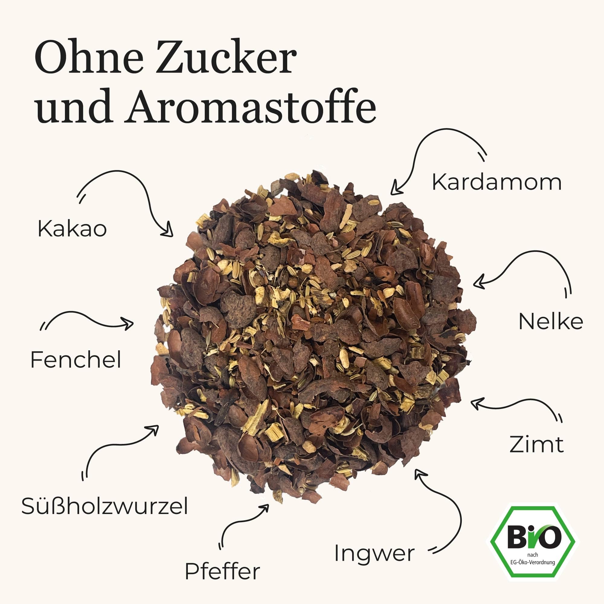 BIO Schoko-Chai Gewürztee ohne Zucker mit Kakaoschalen, Zimt, Süßholz und weiteren aromatischen Chai-Gewürzen, 100g 2