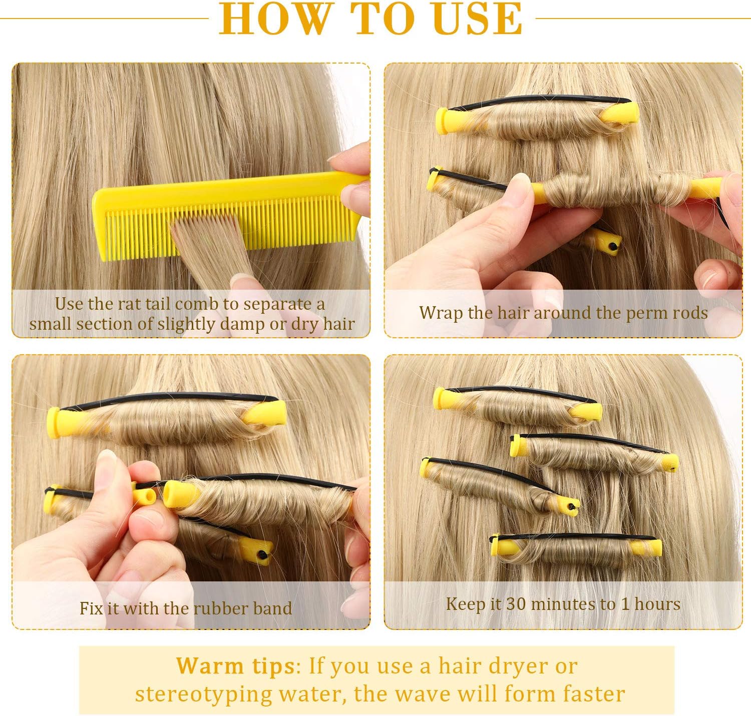 36 Pieces Cold Wave Rod, Hair Perm Rods Hair Rollers Perming Rods Curlers with Steel Rat Tail Comb for Hairdressing Styling (Yellow,0.28 Inch) - Image 4