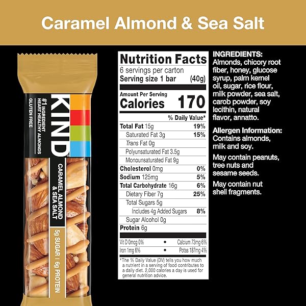KIND HEALTHY SNACKS BARS, CARAMEL ALMOND & SEA SALT, GLUTEN FREE, LOW SUGAR, HIGH FIBER SNACKS, 6G PROTEIN, 12 COUNT