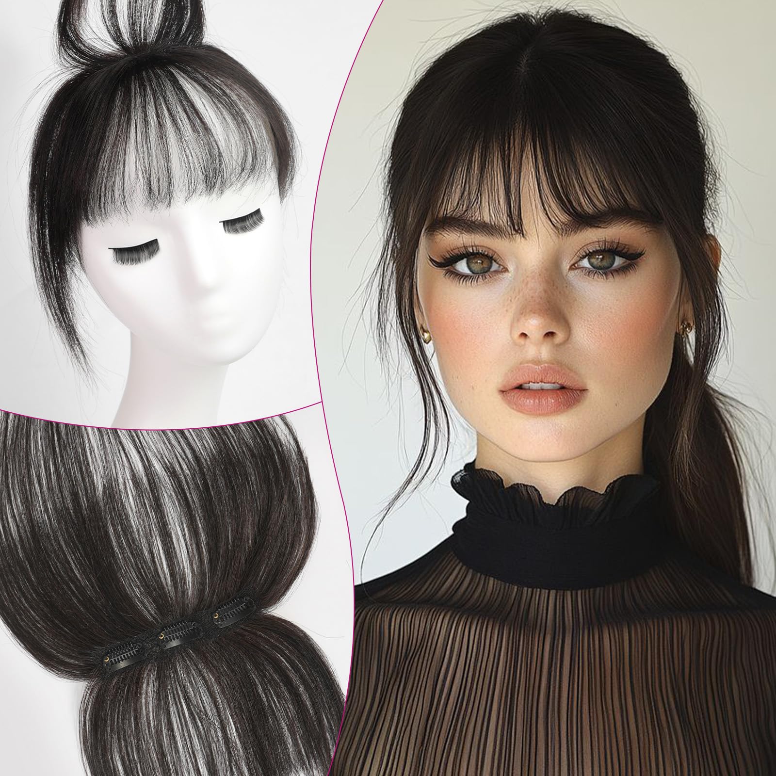 EMMOR Clip in Bangs, 100% Human Hair Bangs with 3 Non-slip Clips, 360°Cover Top HairPieces with 5 inch Wispy Fringes for enhancing Women's Facial Features(Natural Black)